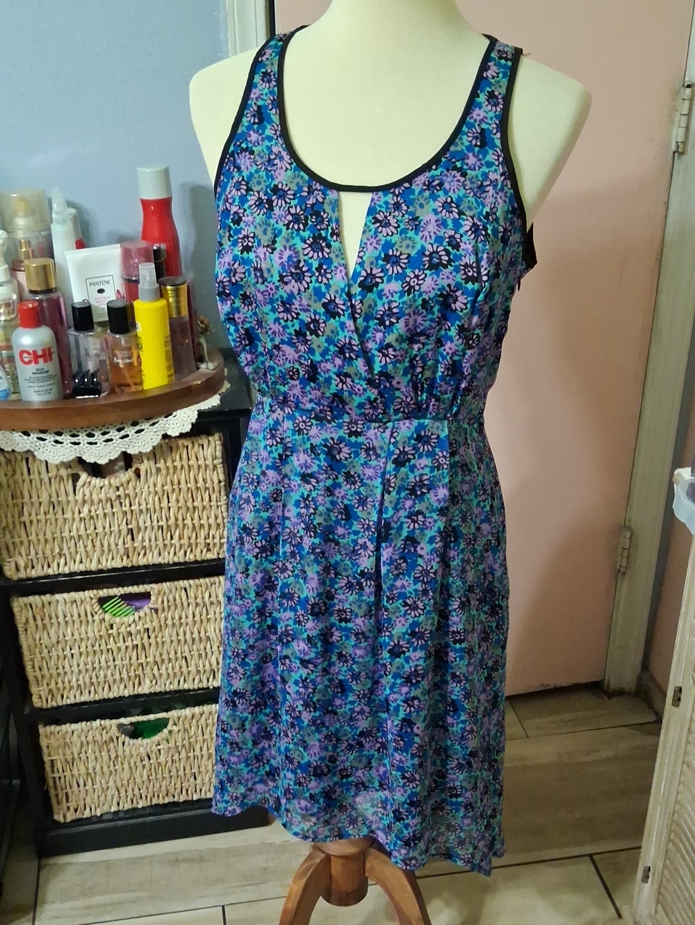 I Heart Ronson Floral Sleeveless A-Line Dress in Blue and Purple